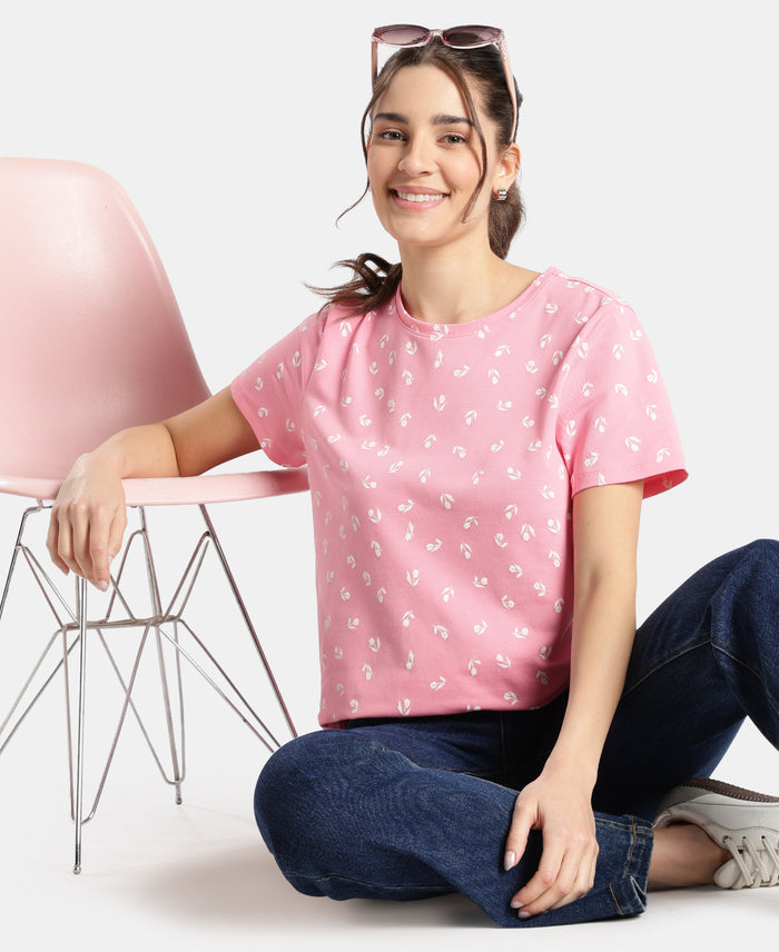 Super Combed Cotton Stretch Regular Fit Printed Half Sleeve T-Shirt - Plumeria