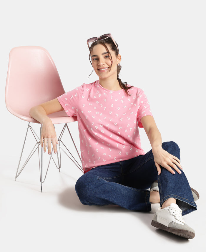 Super Combed Cotton Stretch Regular Fit Printed Half Sleeve T-Shirt - Plumeria
