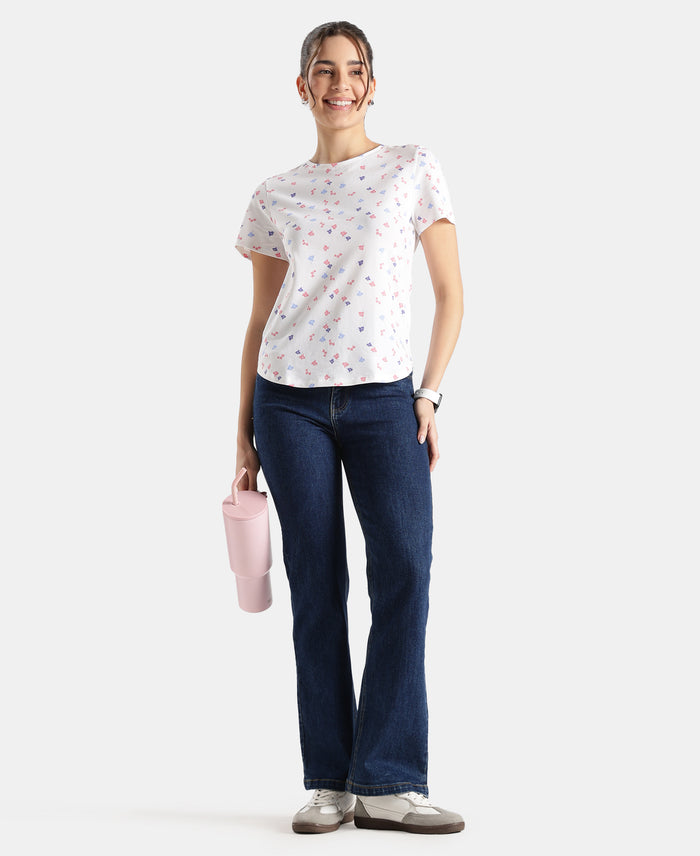 Super Combed Cotton Stretch Regular Fit Printed Half Sleeve T-Shirt - White