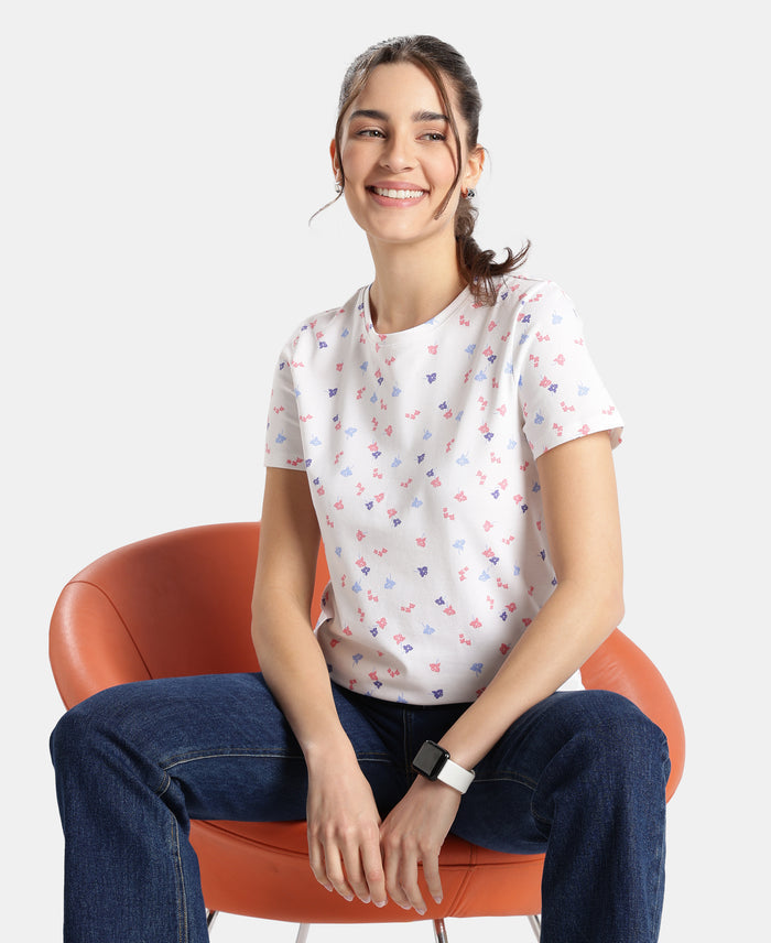 Super Combed Cotton Stretch Regular Fit Printed Half Sleeve T-Shirt - White