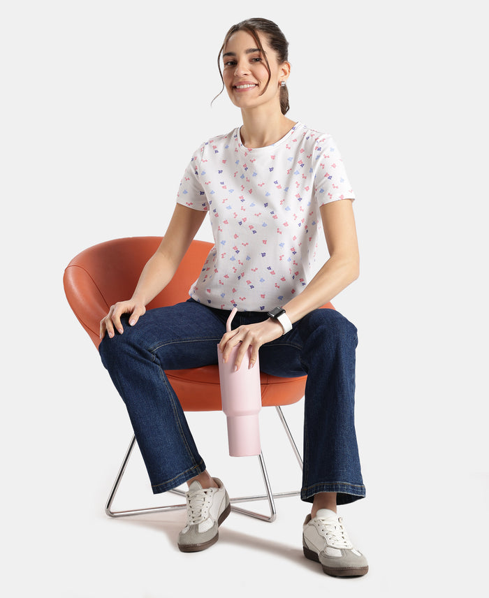Super Combed Cotton Stretch Regular Fit Printed Half Sleeve T-Shirt - White
