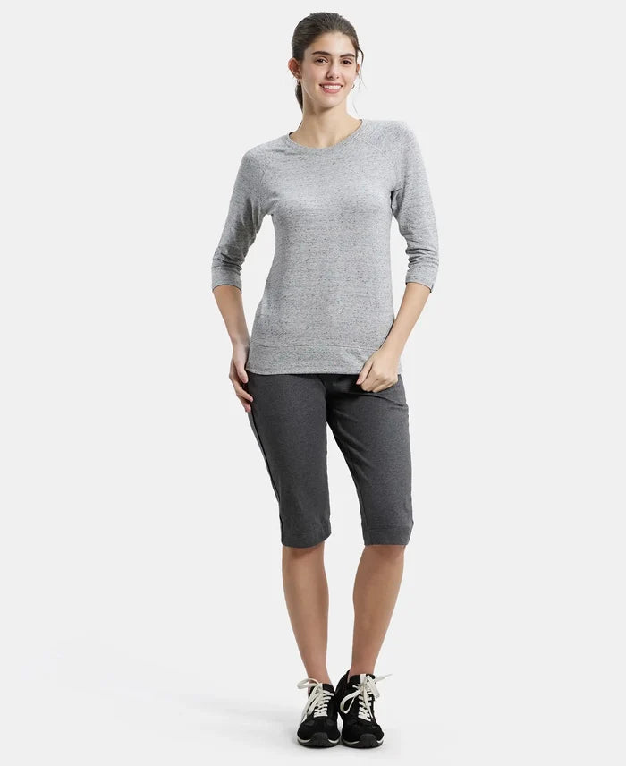 Super Combed Cotton Viscose Elastane Regular Fit Solid Round Neck Three Quarter Sleeve T-Shirt - Grey Snow Melange-4