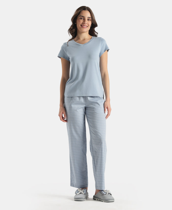 Super Combed Cotton Woven Fabric Relaxed Fit Checkered Pyjama with Side Pockets - Soft Chambray