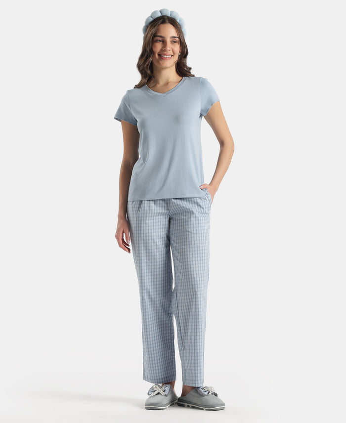 Super Combed Cotton Woven Fabric Relaxed Fit Checkered Pyjama with Side Pockets - Soft Chambray