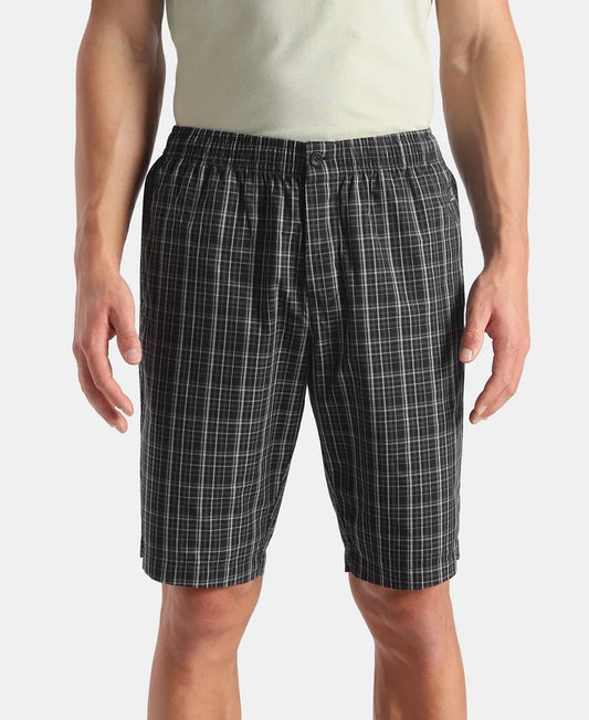 Super Combed Mercerized Cotton Woven Fabric Regular Fit Checkered Bermuda with Side Pockets - New Black