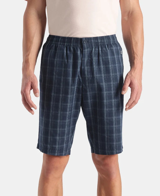 Super Combed Mercerized Cotton Woven Fabric Regular Fit Checkered Bermuda with Side Pockets - New Navy