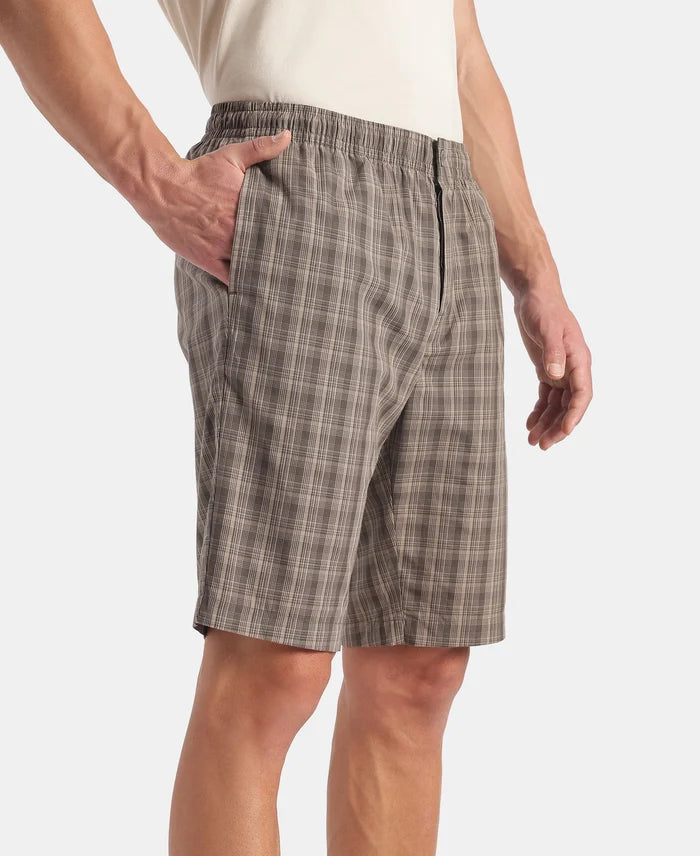 Super Combed Mercerized Cotton Woven Fabric Regular Fit Checkered Bermuda with Side Pockets - New Black Olive