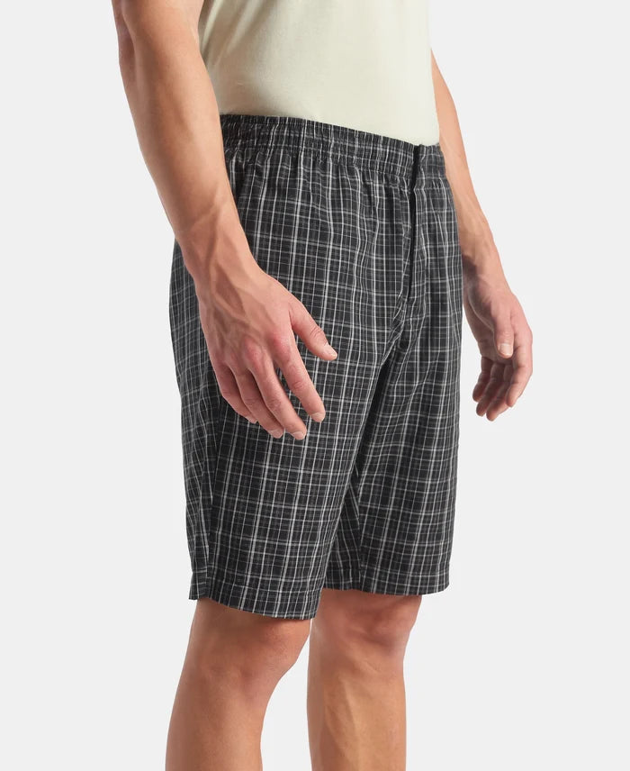 Super Combed Mercerized Cotton Woven Fabric Regular Fit Checkered Bermuda with Side Pockets - New Black