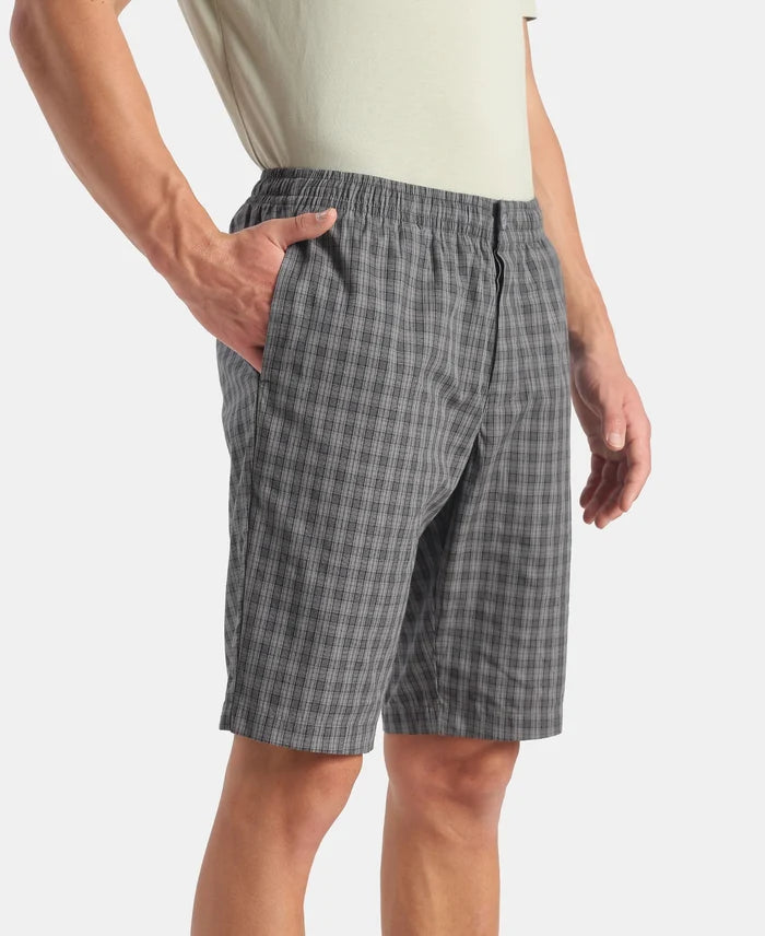 Super Combed Mercerized Cotton Woven Fabric Regular Fit Checkered Bermuda with Side Pockets - New Quiet Shade