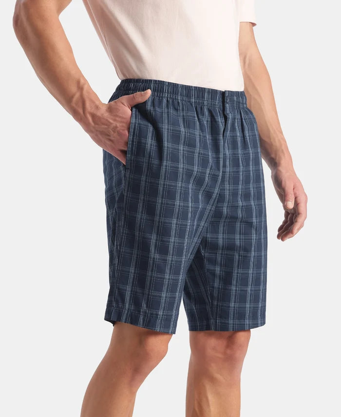 Super Combed Mercerized Cotton Woven Fabric Regular Fit Checkered Bermuda with Side Pockets - New Navy