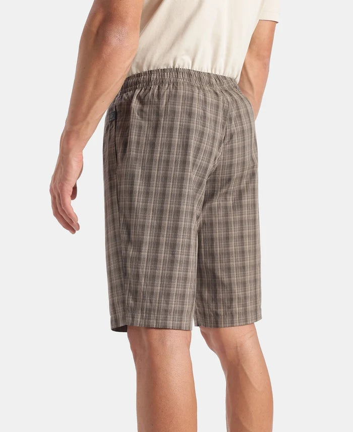 Super Combed Mercerized Cotton Woven Fabric Regular Fit Checkered Bermuda with Side Pockets - New Black Olive