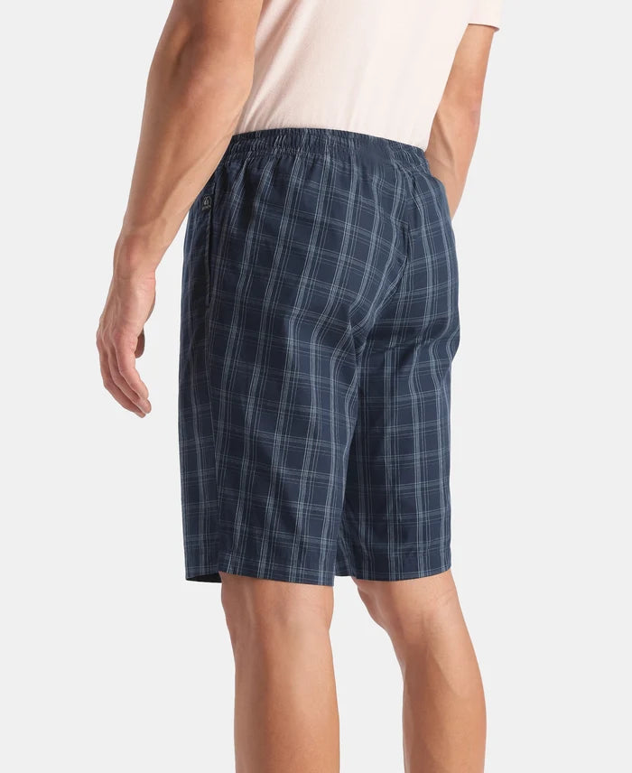 Super Combed Mercerized Cotton Woven Fabric Regular Fit Checkered Bermuda with Side Pockets - New Navy