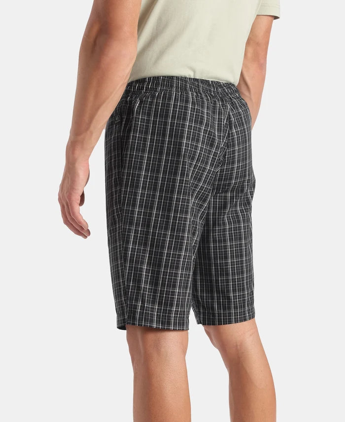 Super Combed Mercerized Cotton Woven Fabric Regular Fit Checkered Bermuda with Side Pockets - New Black