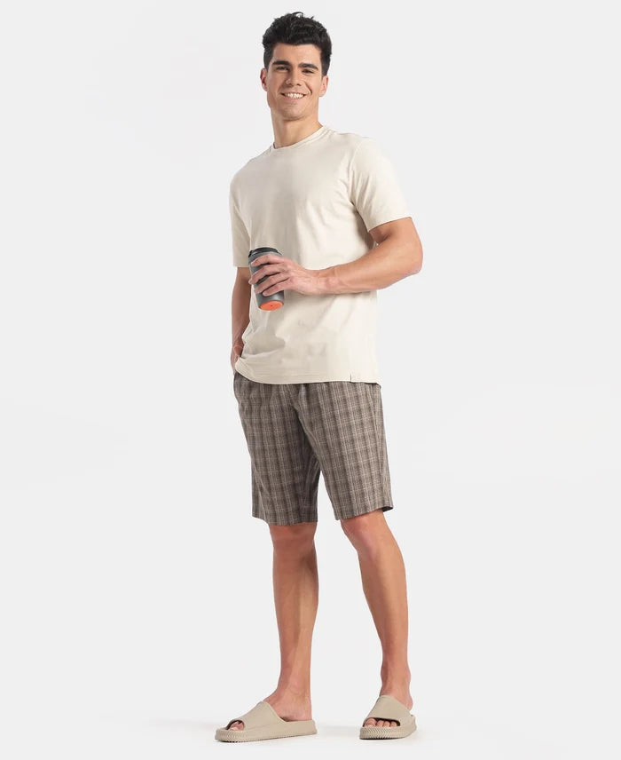 Super Combed Mercerized Cotton Woven Fabric Regular Fit Checkered Bermuda with Side Pockets - New Black Olive
