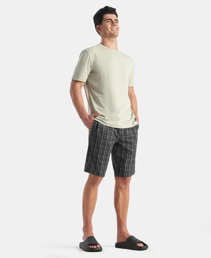 Super Combed Mercerized Cotton Woven Fabric Regular Fit Checkered Bermuda with Side Pockets - New Black