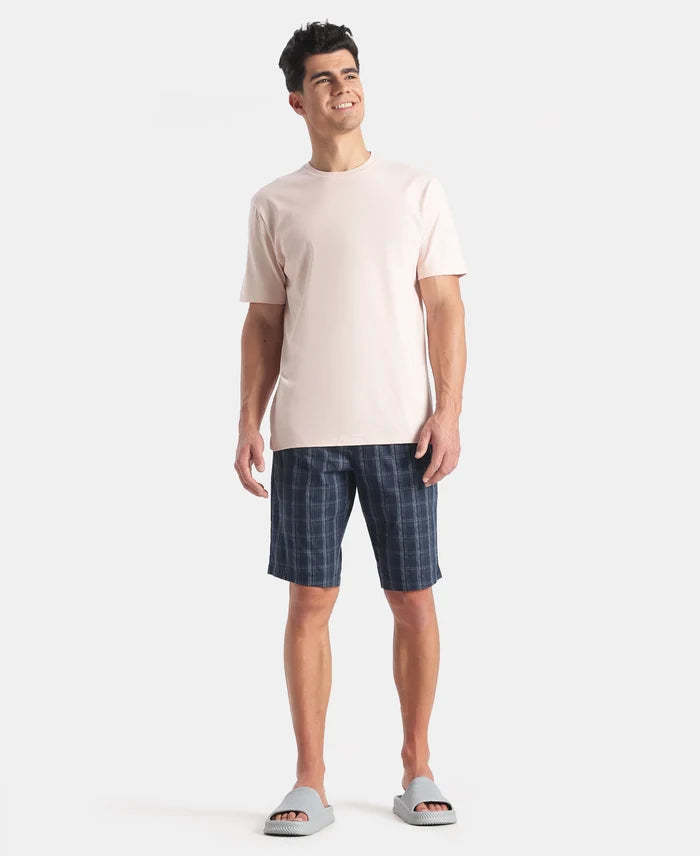 Super Combed Mercerized Cotton Woven Fabric Regular Fit Checkered Bermuda with Side Pockets - New Navy