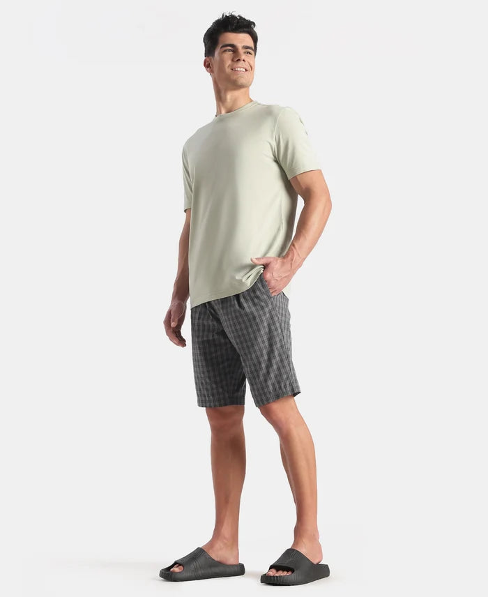 Super Combed Mercerized Cotton Woven Fabric Regular Fit Checkered Bermuda with Side Pockets - New Quiet Shade