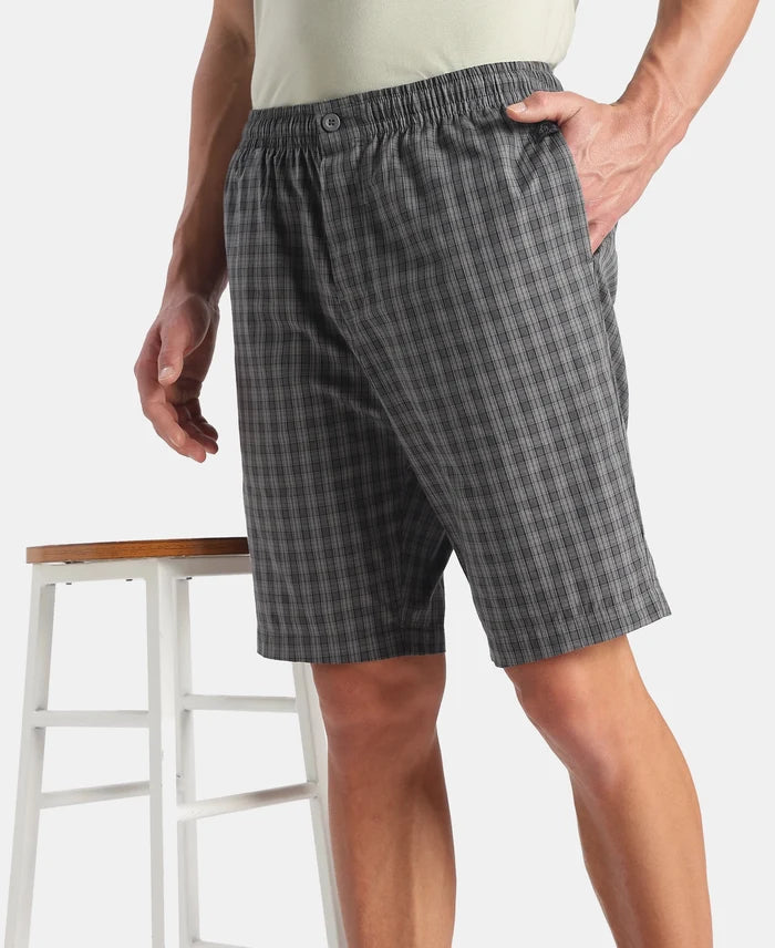 Super Combed Mercerized Cotton Woven Fabric Regular Fit Checkered Bermuda with Side Pockets - New Quiet Shade