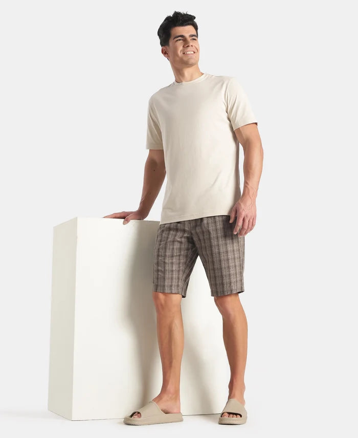 Super Combed Mercerized Cotton Woven Fabric Regular Fit Checkered Bermuda with Side Pockets - New Black Olive