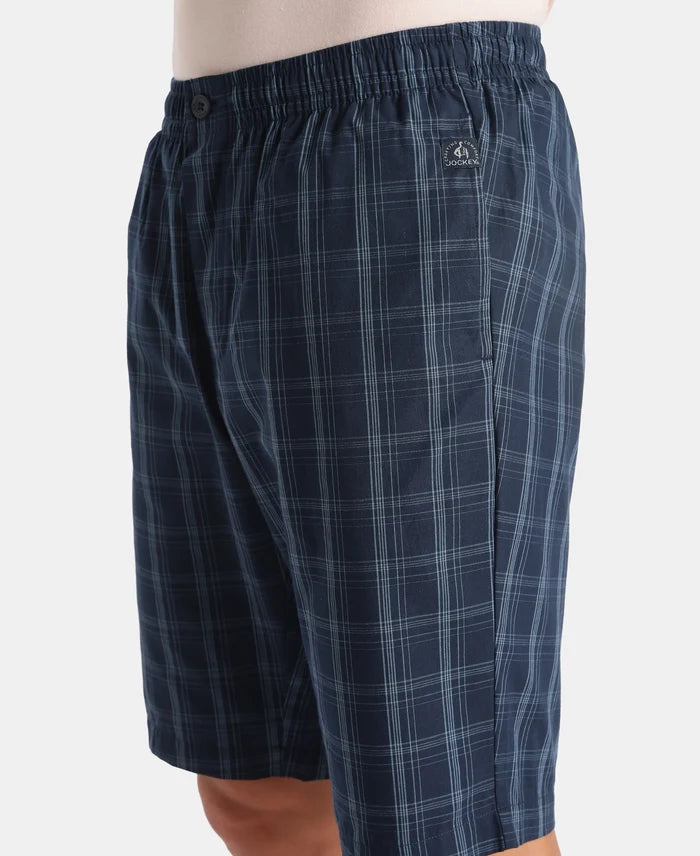 Super Combed Mercerized Cotton Woven Fabric Regular Fit Checkered Bermuda with Side Pockets - New Navy