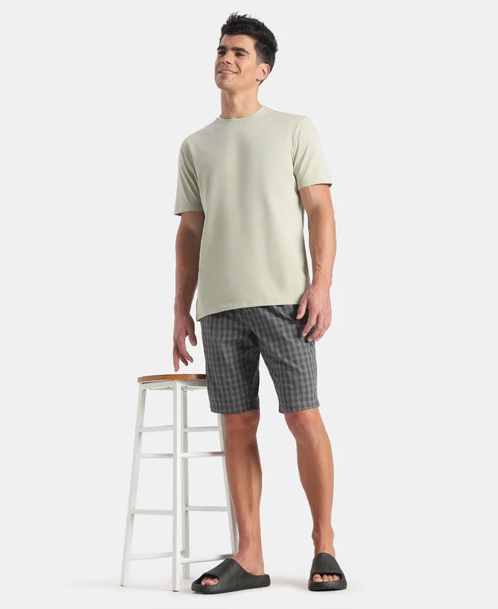 Super Combed Mercerized Cotton Woven Fabric Regular Fit Checkered Bermuda with Side Pockets - New Quiet Shade