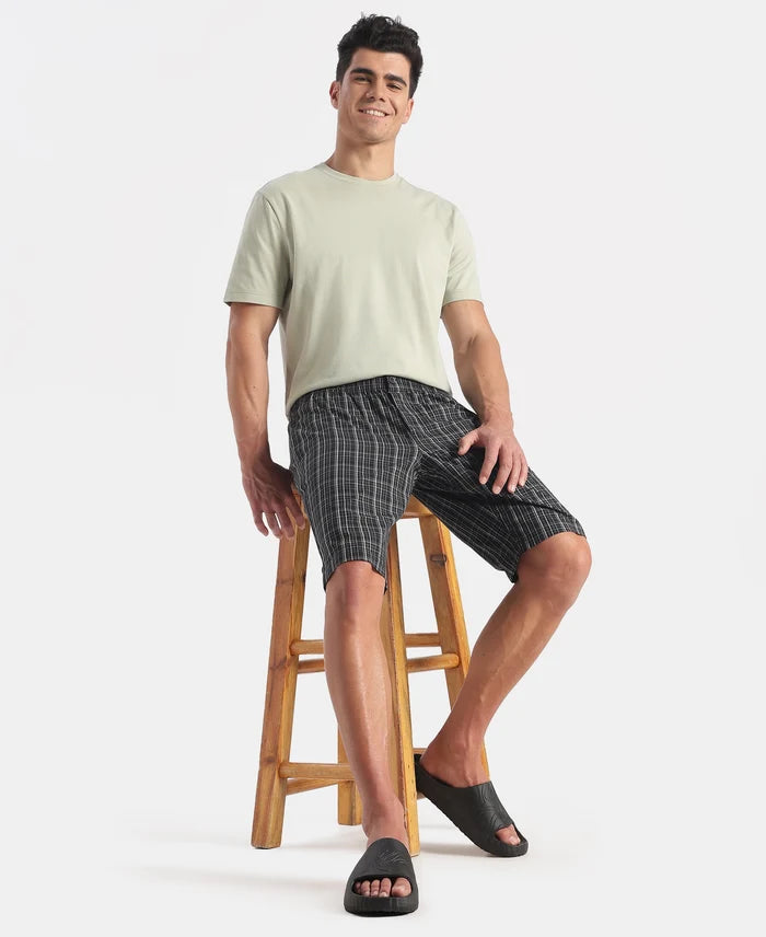 Super Combed Mercerized Cotton Woven Fabric Regular Fit Checkered Bermuda with Side Pockets - New Black