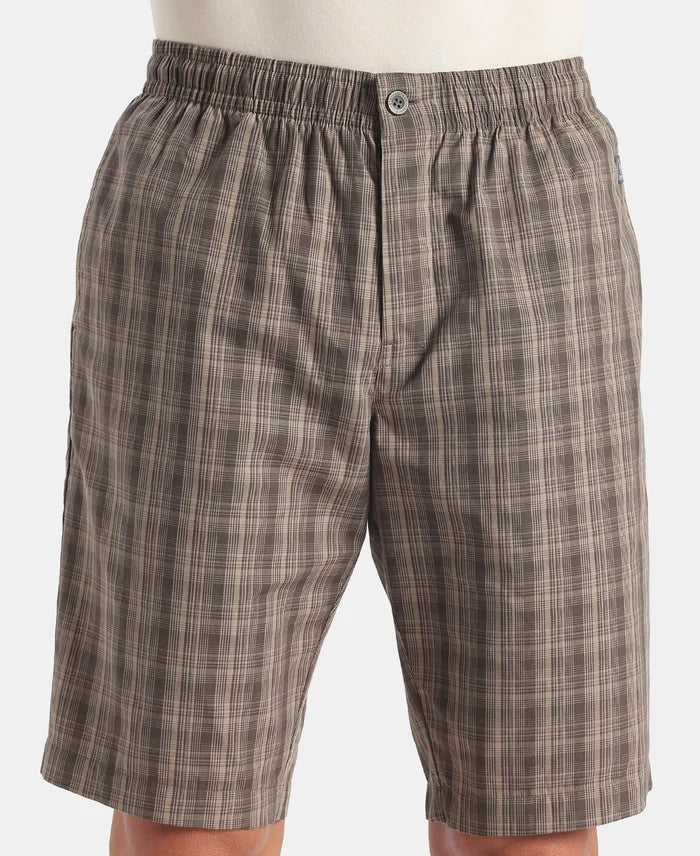 Super Combed Mercerized Cotton Woven Fabric Regular Fit Checkered Bermuda with Side Pockets - New Black Olive