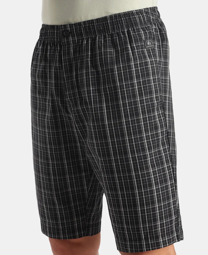 Super Combed Mercerized Cotton Woven Fabric Regular Fit Checkered Bermuda with Side Pockets - New Black