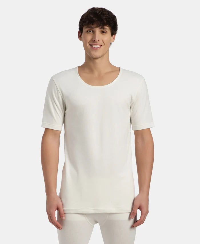 Super Warm Super Combed Cotton Rich Brushed Fabric Half Sleeved Thermal Undershirt with StayWarm Technology - Off White