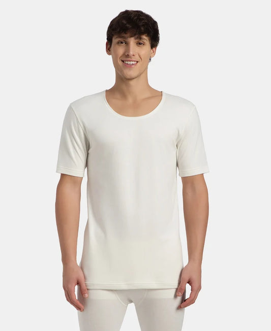 Super Warm Super Combed Cotton Rich Brushed Fabric Half Sleeved Thermal Undershirt with StayWarm Technology - Off White