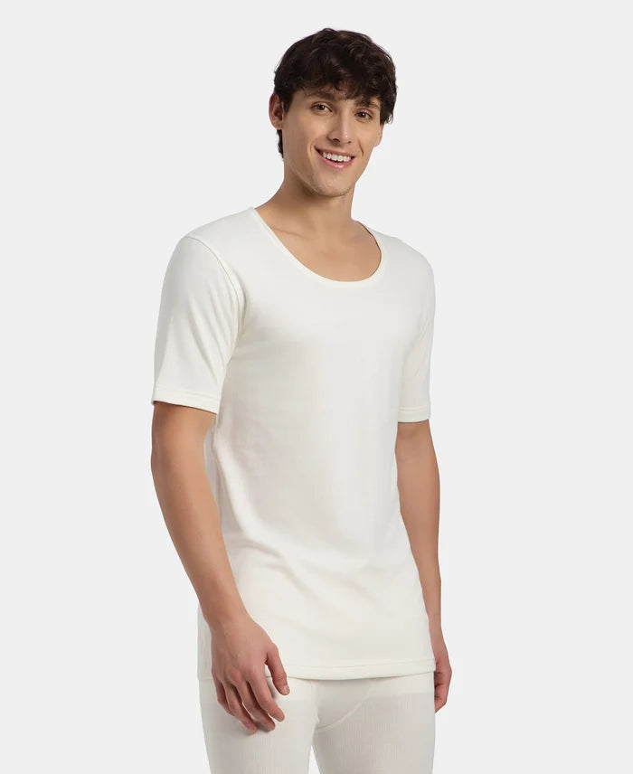 Super Warm Super Combed Cotton Rich Brushed Fabric Half Sleeved Thermal Undershirt with StayWarm Technology - Off White
