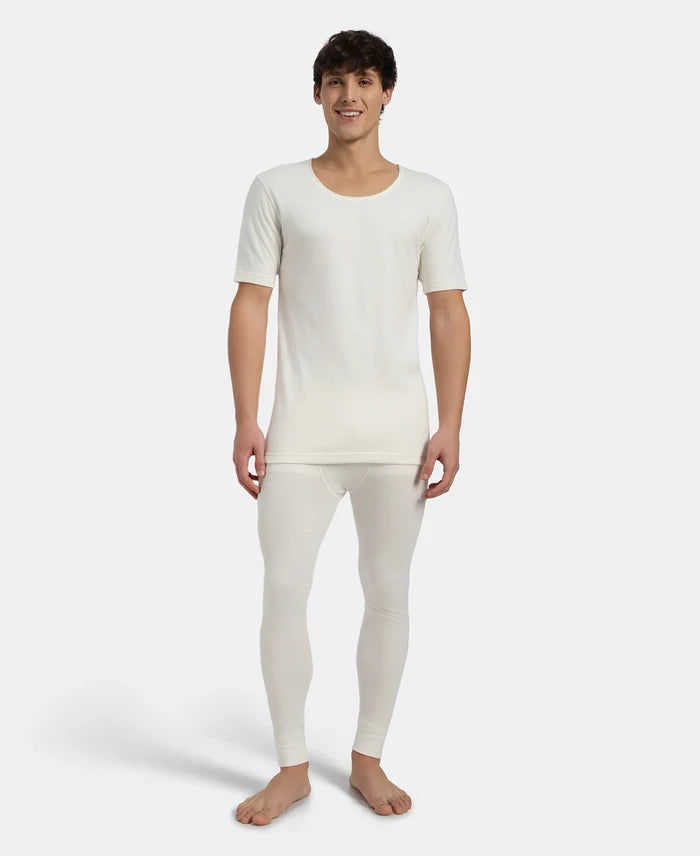 Super Warm Super Combed Cotton Rich Brushed Fabric Half Sleeved Thermal Undershirt with StayWarm Technology - Off White