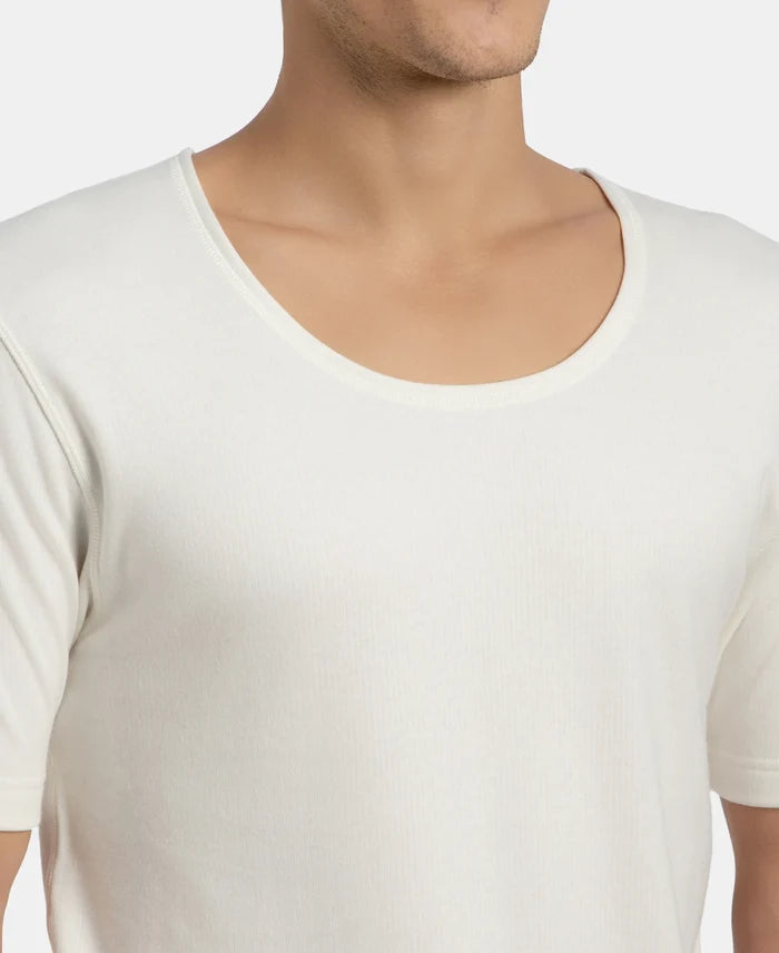 Super Warm Super Combed Cotton Rich Brushed Fabric Half Sleeved Thermal Undershirt with StayWarm Technology - Off White