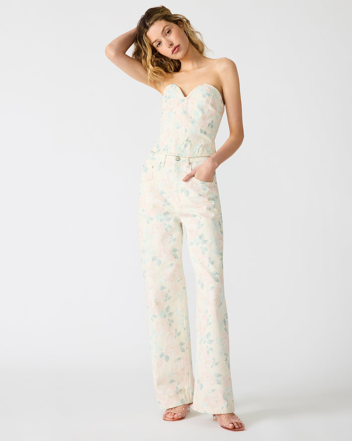 SYDNEE Peach Beige Wide-Leg Denim Floral Print Women's Bottom | Steve Madden