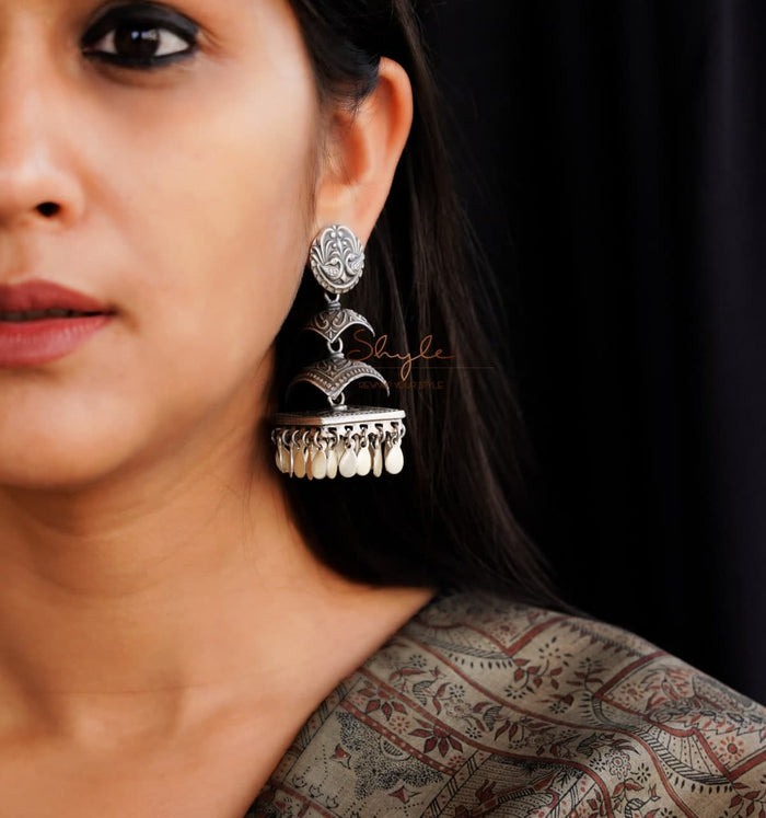 Tattva Peacock Motif Layered Square Jhumka