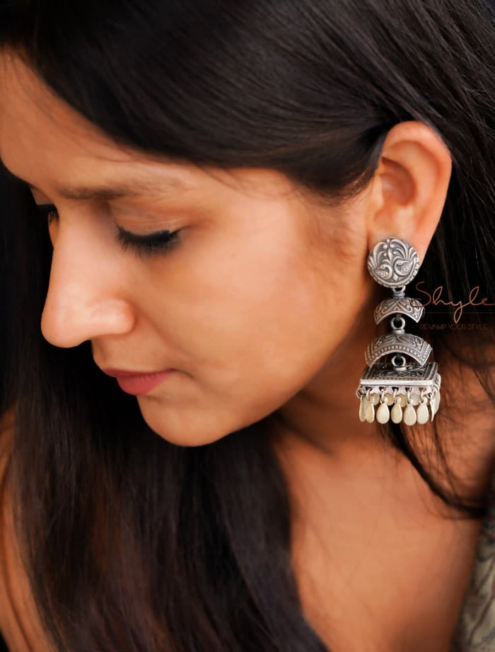 Tattva Peacock Motif Layered Square Jhumka