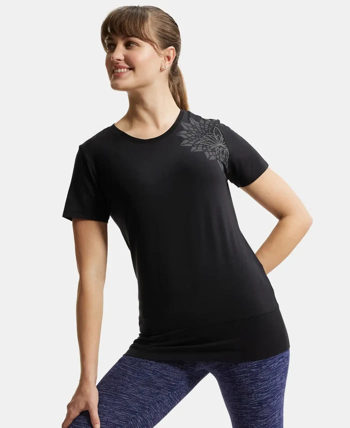 Tencel Lyocell Elastane Stretch Relaxed Fit Graphic Printed Half Sleeve T-Shirt - Black