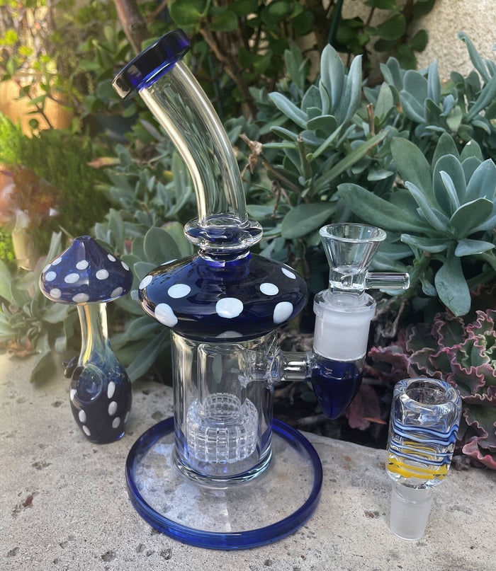 Thick Glass 8" Rig Shower Perc Mushroom Design 2-18mm Bowls + Mushroom Hand Pipe