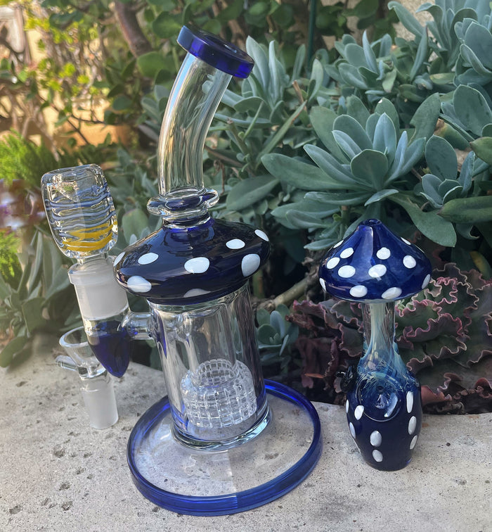 Thick Glass 8" Rig Shower Perc Mushroom Design 2-18mm Bowls + Mushroom Hand Pipe
