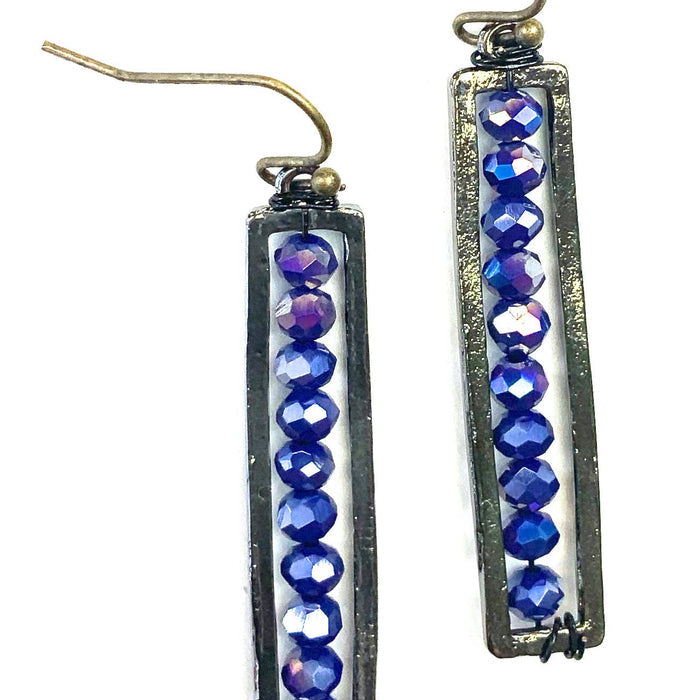 Thin Beaded Rectangular Navy Dangle Earrings
