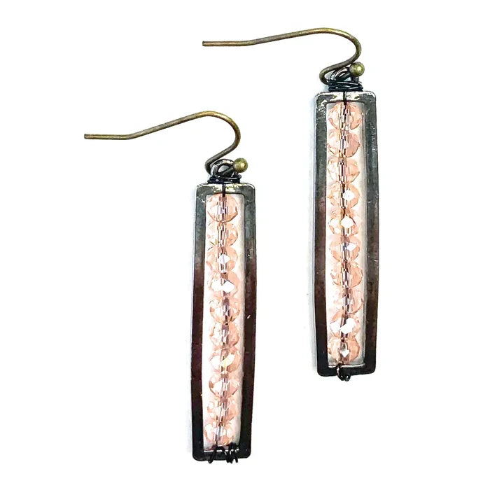 Thin Beaded Rectangular Rose Dangle Earrings