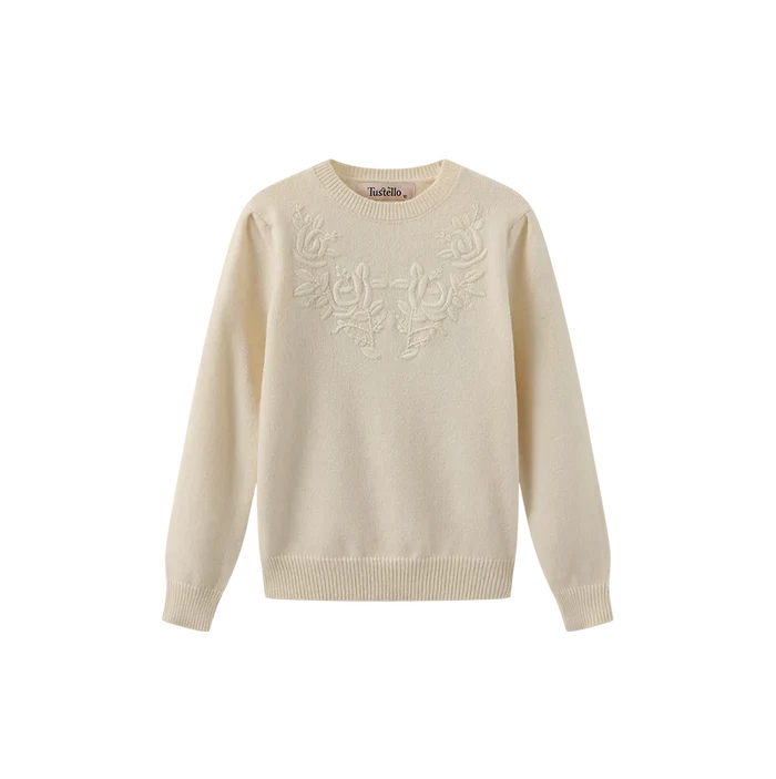 top l/s floral embroidered sweater - ivory