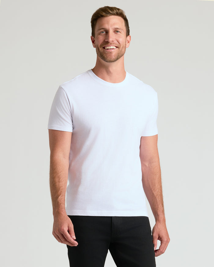 Man in Black and White Crew Neck 10-Pack, smiling in casual attire.
