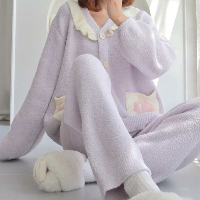 Tulip Pattern Pocket Button-up Lapel Winter Pajama Set