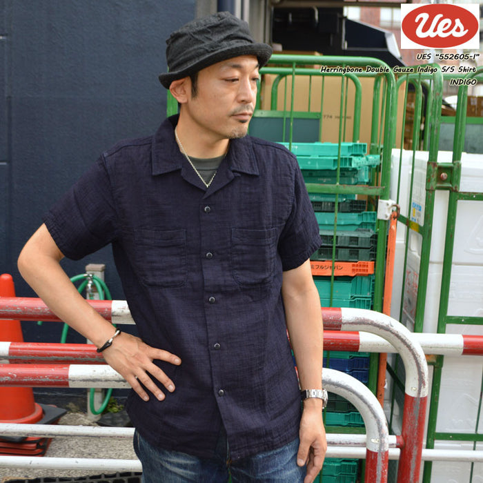 UES "552605-I" Herringbone Double Gauze Indigo S/S Shirt