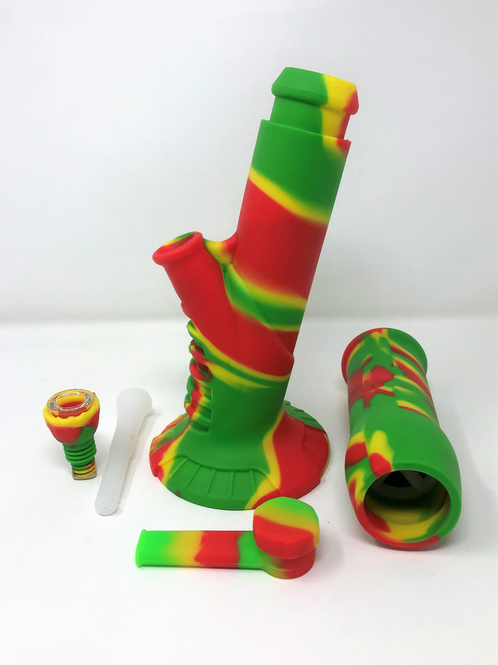 Unbreakable Detachable Silicone 14" Bong Ice Catcher Silicone Bowl Silicone Pipe - Rasta Colors