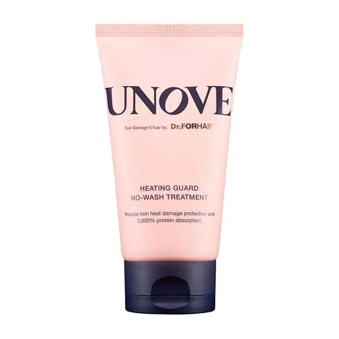 A pink tube of UNOVE Heat Guard No Wash Hair Treatment by EXOD International designed for damaged hair, featuring heat protection, frizz control, and enhanced protein absorption.