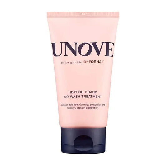 A pink tube of UNOVE Heat Guard No Wash Hair Treatment by EXOD International designed for damaged hair, featuring heat protection, frizz control, and enhanced protein absorption.