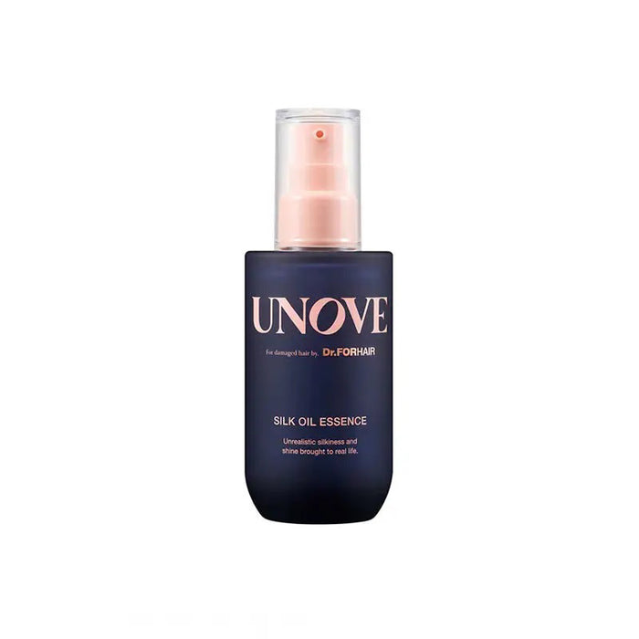 A bottle of UNOVE - SILK OIL HAIR ESSENCE by EXOD INTERNATIONAL, ideal for frizz control, is depicted with oil pouring from the top. Text emphasizes its non-sticky texture and lightweight nourishment, effectively treating rough, dry hair for a silky finish.
