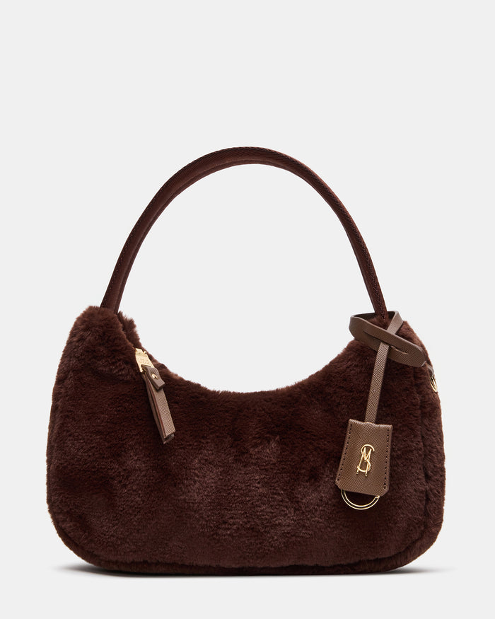 VALERIA Chocolate Faux Fur Charm Shoulder Handbag | Steve Madden
